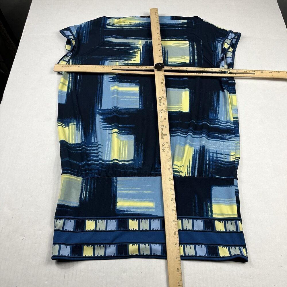 BCBGMaxAzria Blue Yellow Abstract Print Sheath Dress M Artsy Mod Sleek Casual - Picture 5 of 10